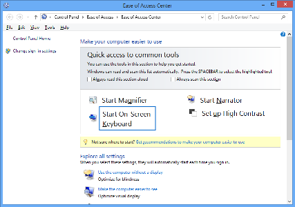 The Ease of Access Centre in Windows 8.1.